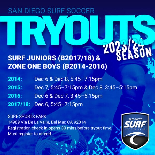 Join Surf San Diego Surf Soccer Club Tryouts