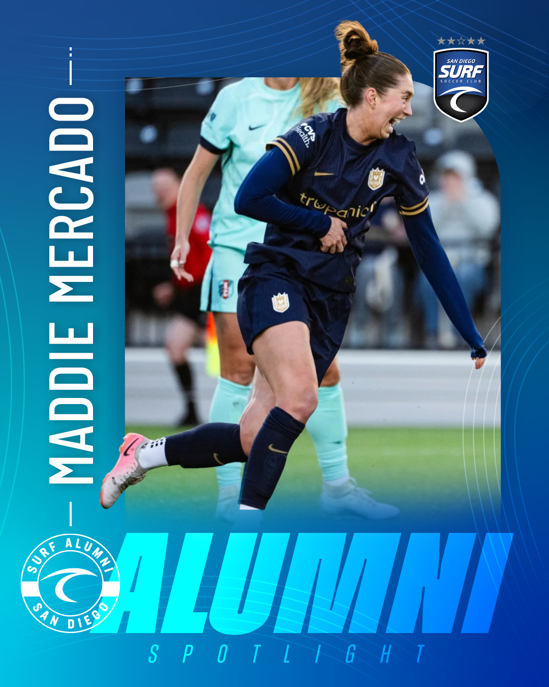 Maddie Mercado celebrating on a soccer field in a navy Surf jersey; Alumni Spotlight graphic with Surf logo in the corner.