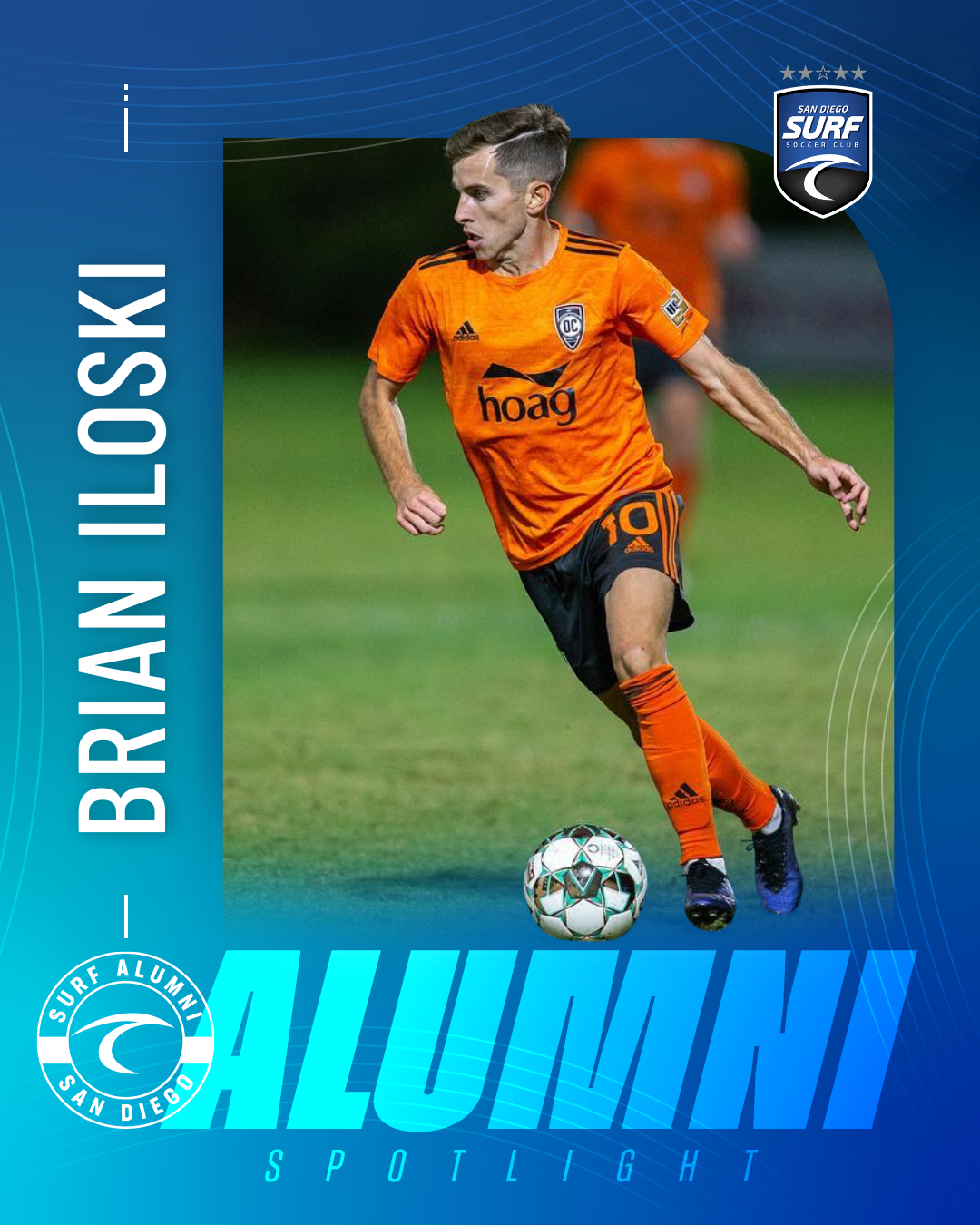 Soccer player in an orange kit dribbling a ball on a green field, featured in Allunki Spotlight with Surf Alumni badge visible.