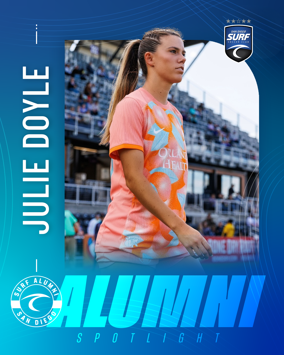 Portrait of Julie Doyle in a coral Orlando Health shirt, at a soccer stadium, for the Surf Alumni Spotlight poster.