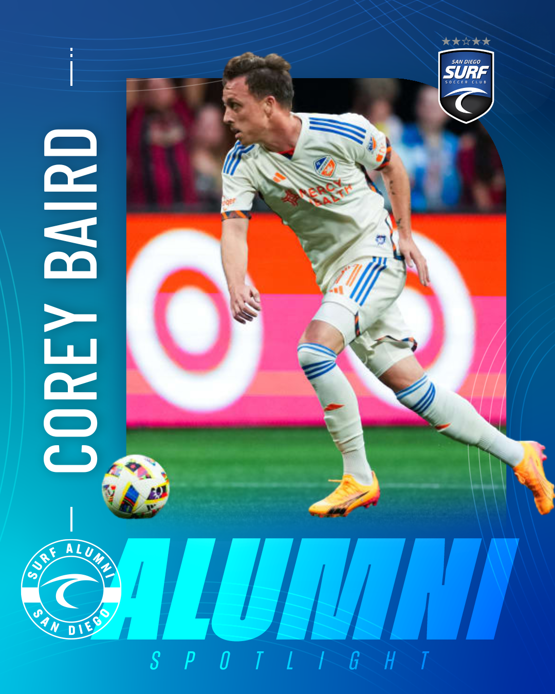 Soccer player in a white kit dribbles a ball on a green field, set against a blue gradient poster with 'Alumni Spotlight' text and club logos.