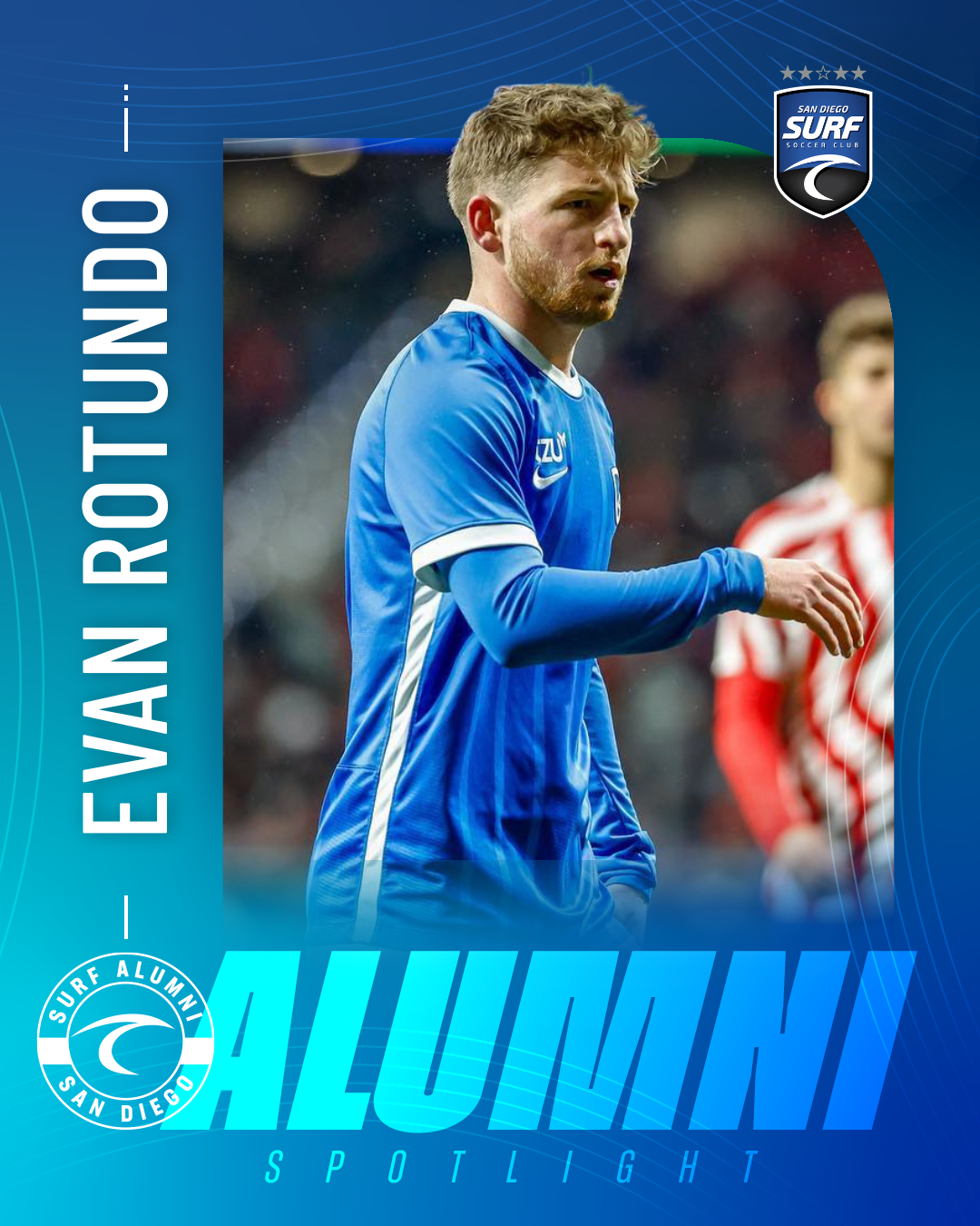 Portrait of a male soccer player in a blue jersey on a blue gradient poster labeled 'Alumni Spotlight' with the San Diego Surf logo in the corner.