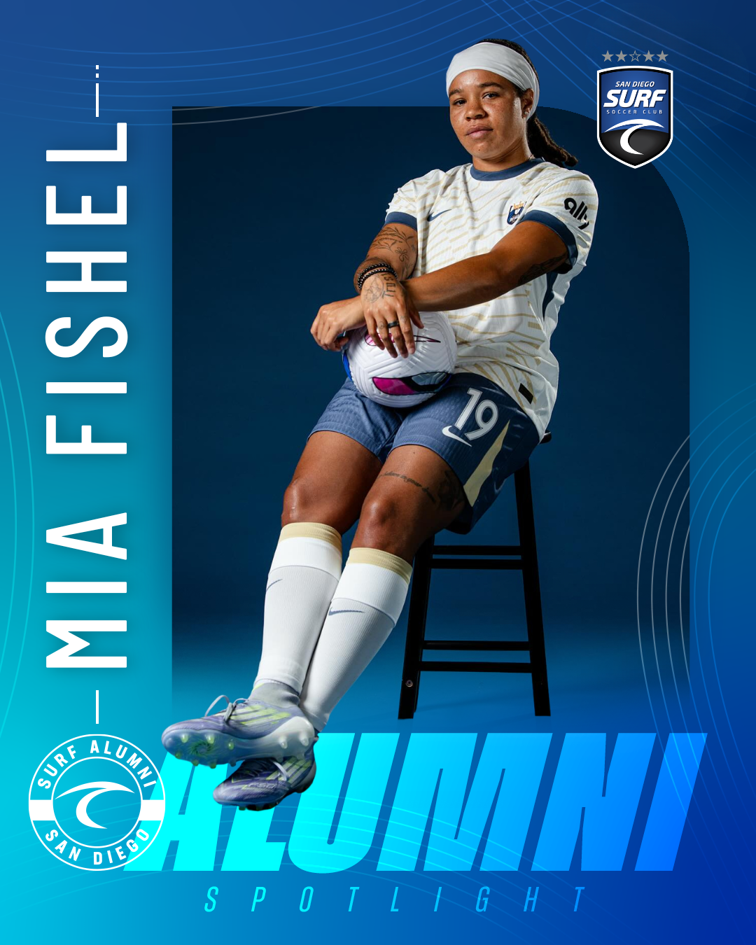 Female soccer player seated on a stool, holding a ball, on a blue promotional poster with Surf Alumni badge and Spotlight text along the left edge.