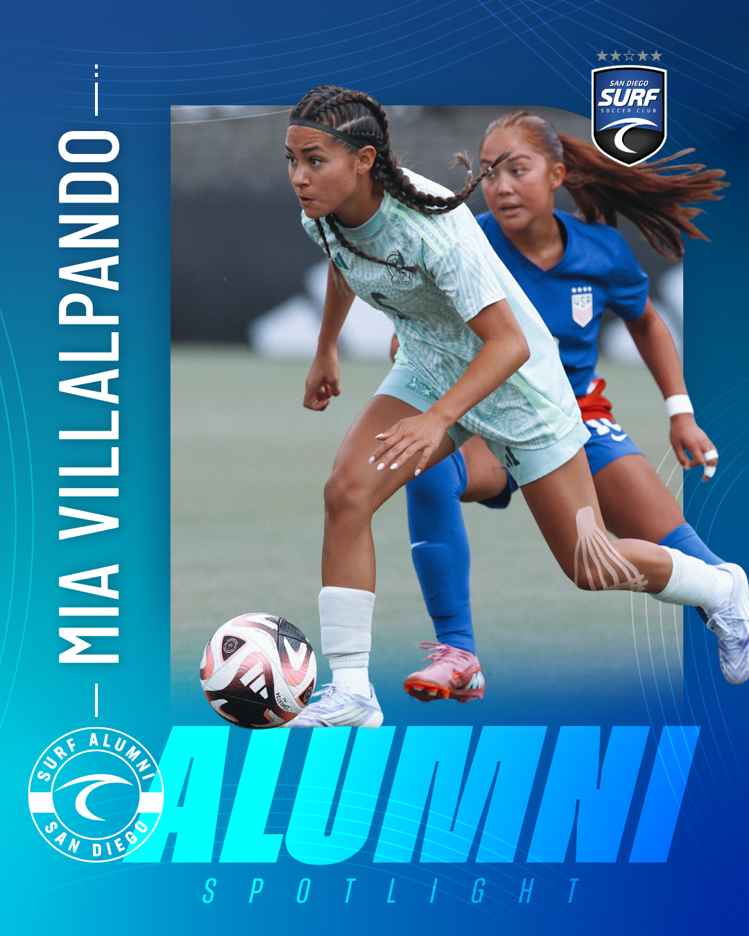 Female soccer player in a mint-green kit dribbles the ball as a blue-clad opponent pursues on a field; blue gradient poster background with a Surf San Diego logo.