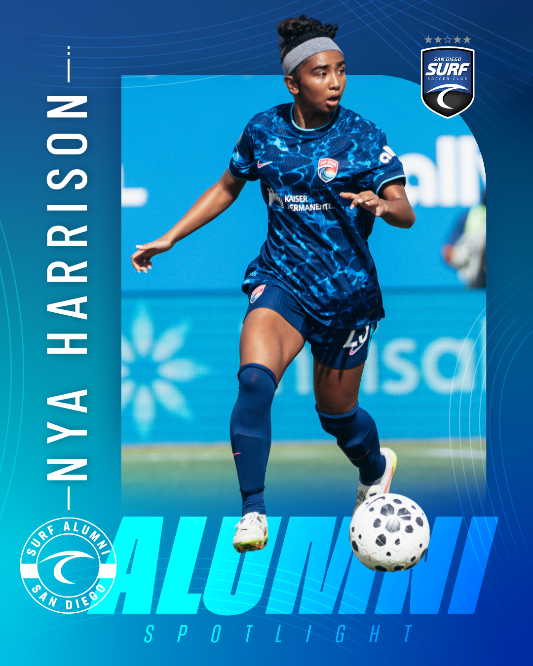 Nya Harrison wearing a blue San Diego Surf kit dribbles a soccer ball on a blue poster titled 'Allumin Spotlight' with Surf logos and branding nearby.