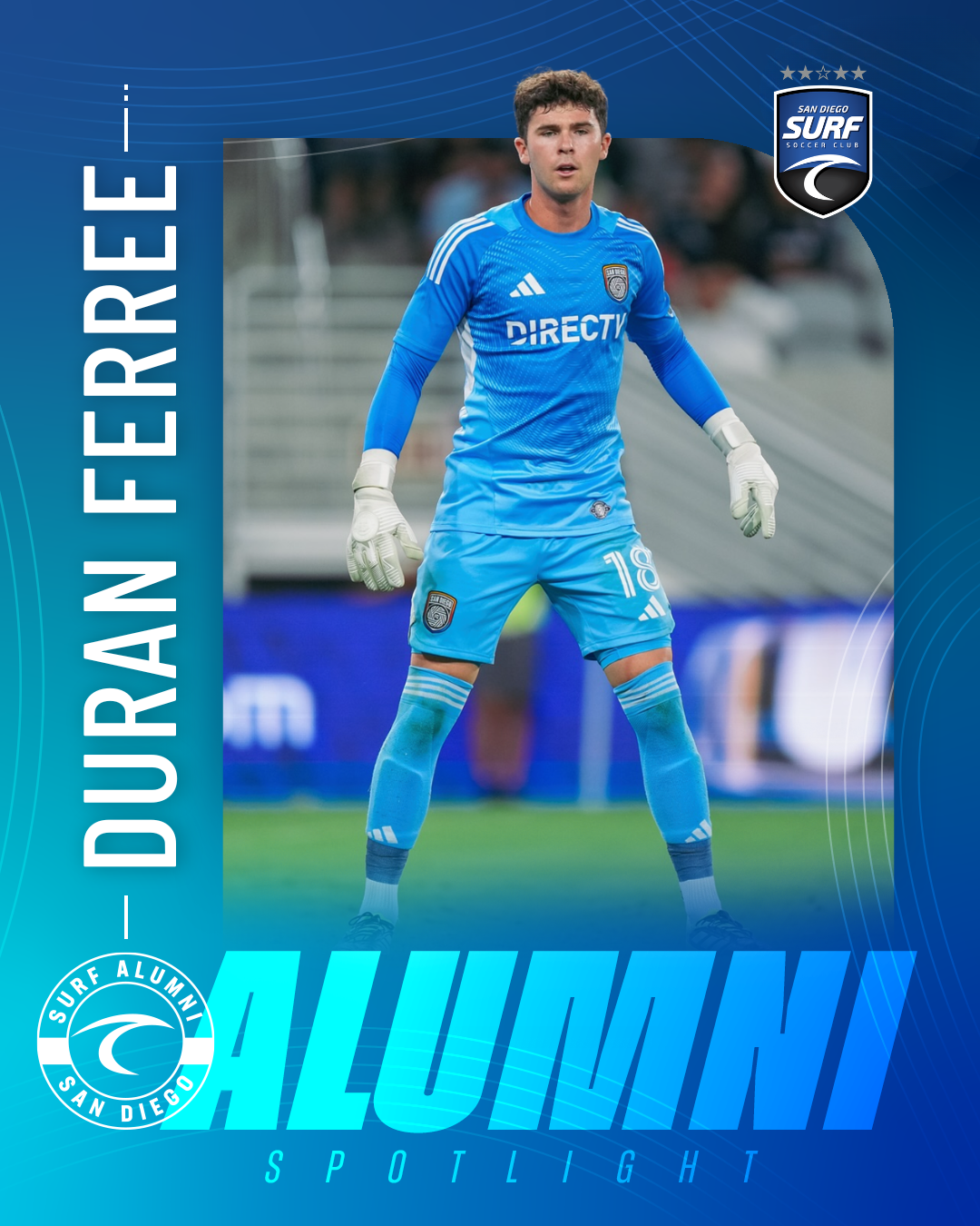 Goalkeeper in blue uniform with gloves, standing ready on a blue poster featuring the Surf logo and 'Alumni Spotlight' text.