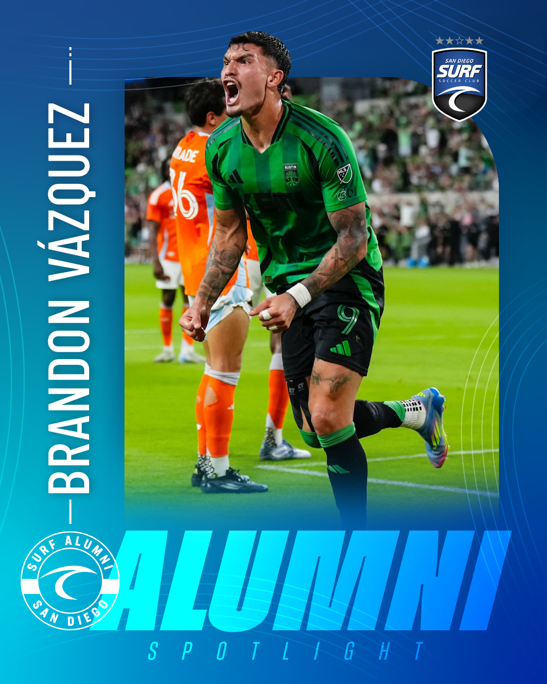 Brandon Vazquez celebrates a goal on a soccer pitch, wearing a green jersey, with an Alumni Spotlight graphic and Surf San Diego logo in a blue gradient poster.