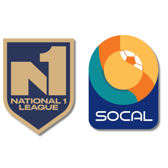 National 1 League shield logo on the left and SoCal soccer badge on the right side by side. For context: left shows a beige and navy shield with 'N1 NATIONAL 1 LEAGUE'; right shows a blue rounded badge with an orange circle and the word 'SOCAL'.