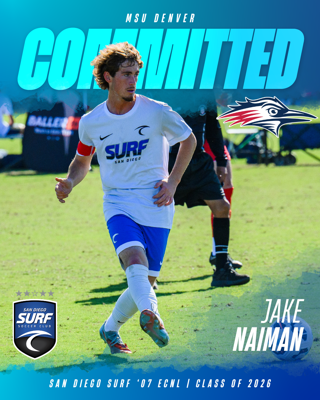 Poster-style image showing a soccer player in a white jersey and blue shorts running on a grassy field, with a large blue 'COMMITTED' banner across the top and team logos. It announces Jake Naiman's commitment, with 'San Diego Surf' and 'Class of 2026' details visible.