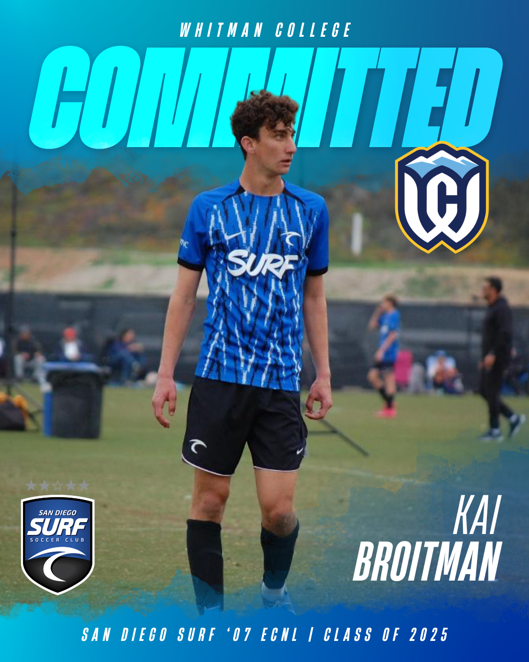 Poster featuring Kai Brotman in a blue soccer jersey on a field, with a bold 'COMMITTED' banner and team logos in the background.