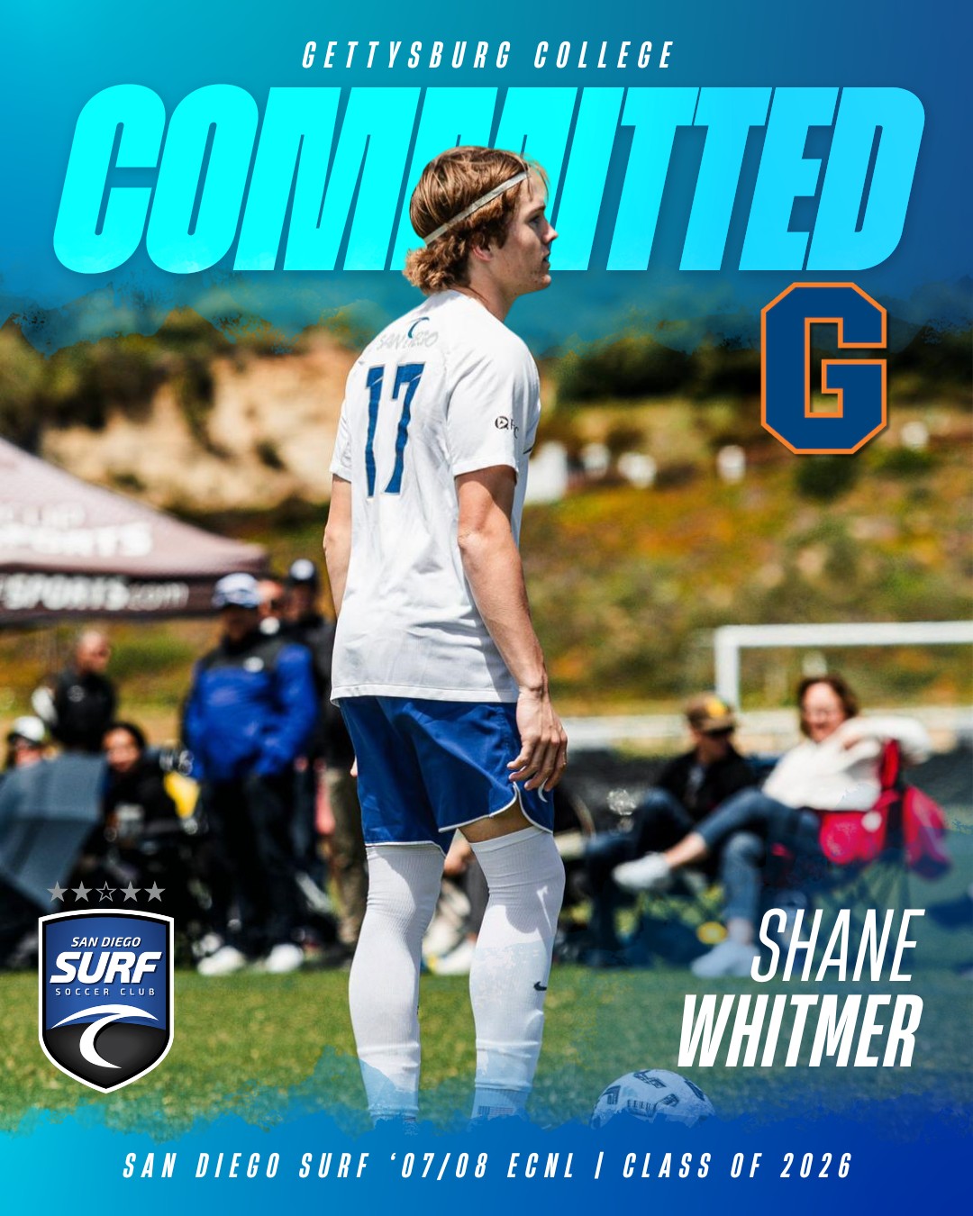 Poster announcing a soccer commitment: player in white jersey and blue shorts on a field, with a bold 'COMMITTED' heading, club crest bottom left, a large orange-outlined 'G' logo to the right, and 'Shane Whitmer' with a blue banner at the bottom.