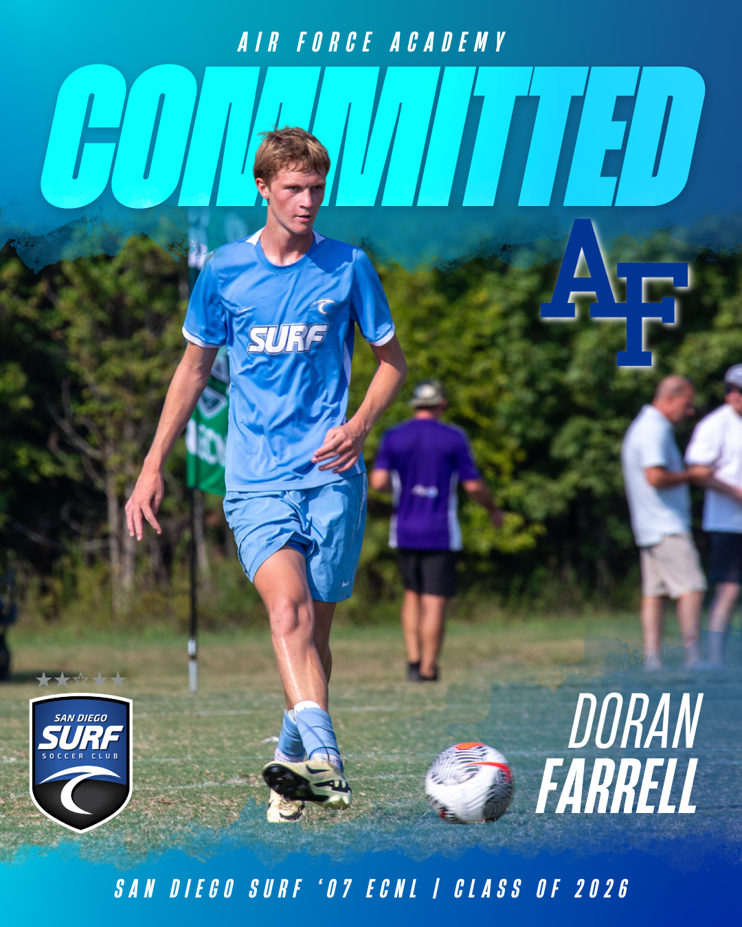 Soccer player in blue uniform dribbles a ball on a field beneath a large 'COMMITTED' banner; Air Force Academy and San Diego Surf logos, athlete Doran Farrell.