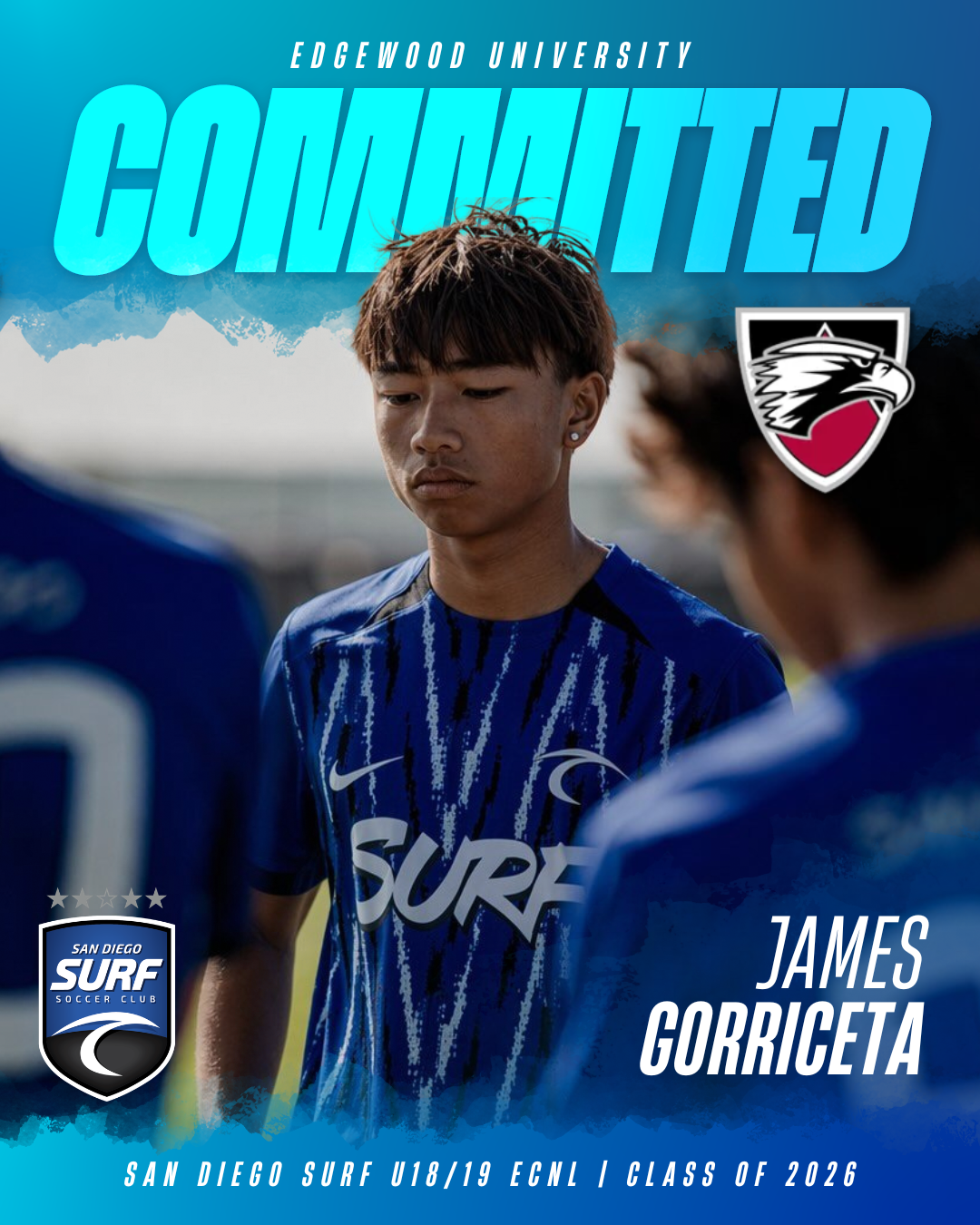 Poster featuring a soccer player (James Gorriceta) in a blue kit, with a bold turquoise 'COMMITTED' headline and club logos in the corners, signaling a recruit announcement.