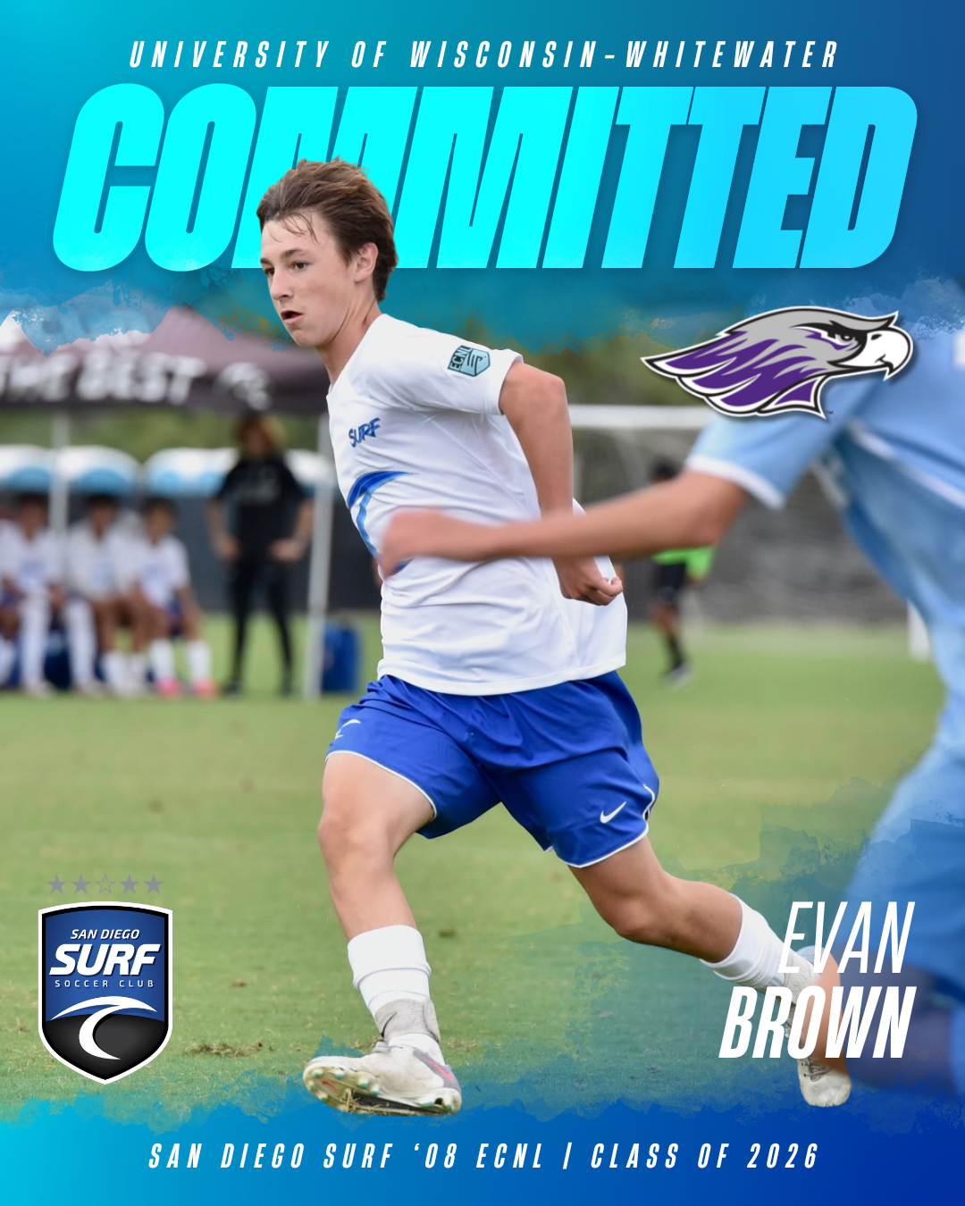 Poster announcing Evan Brown's commitment to San Diego Surf Soccer Club, Class of 2026, with a player in action and logos.
