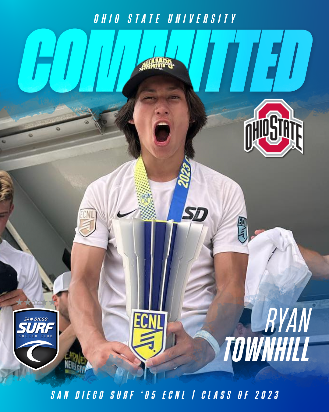 Poster-style image of athlete Ryan Townhill celebrating with a trophy; 'COMMITTED' in large blue letters, Ohio State logo, San Diego Surf Club badge, and 'Class of 2023' text in background.