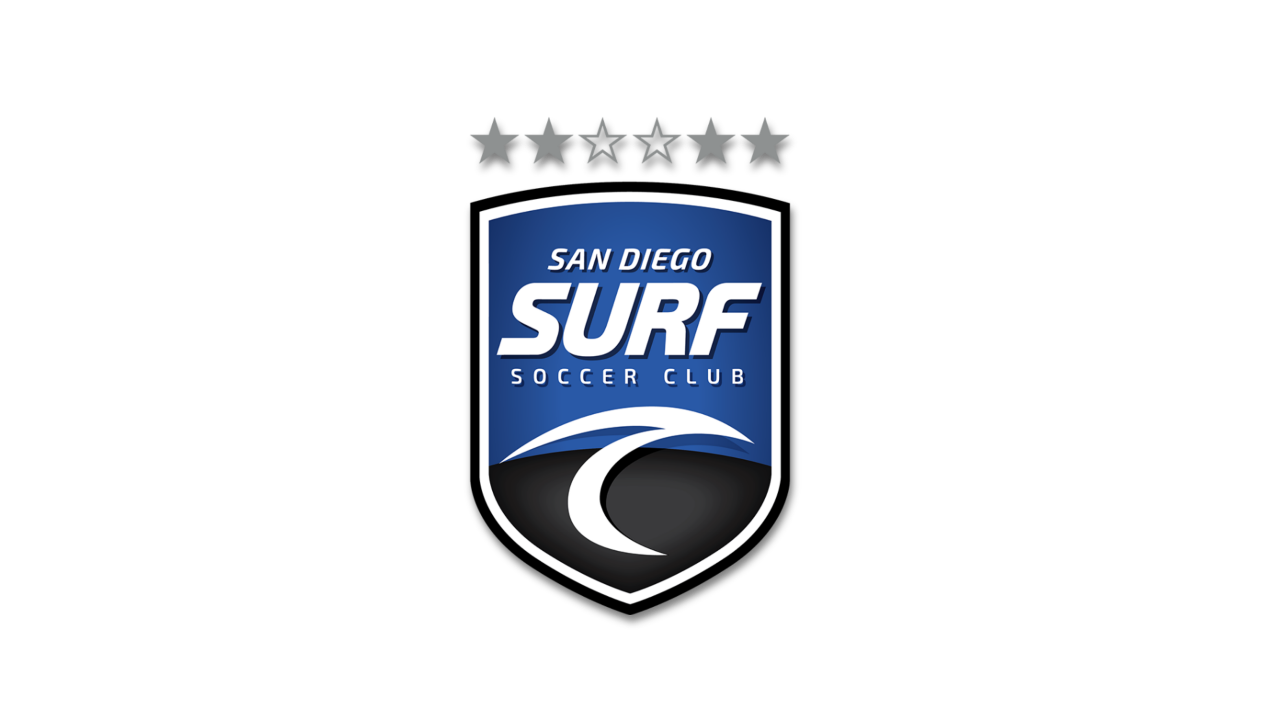 San Diego Surf Soccer Club logo on a black background: blue shield with white border, bold SURF text and wave graphic, five gray stars above the shield.